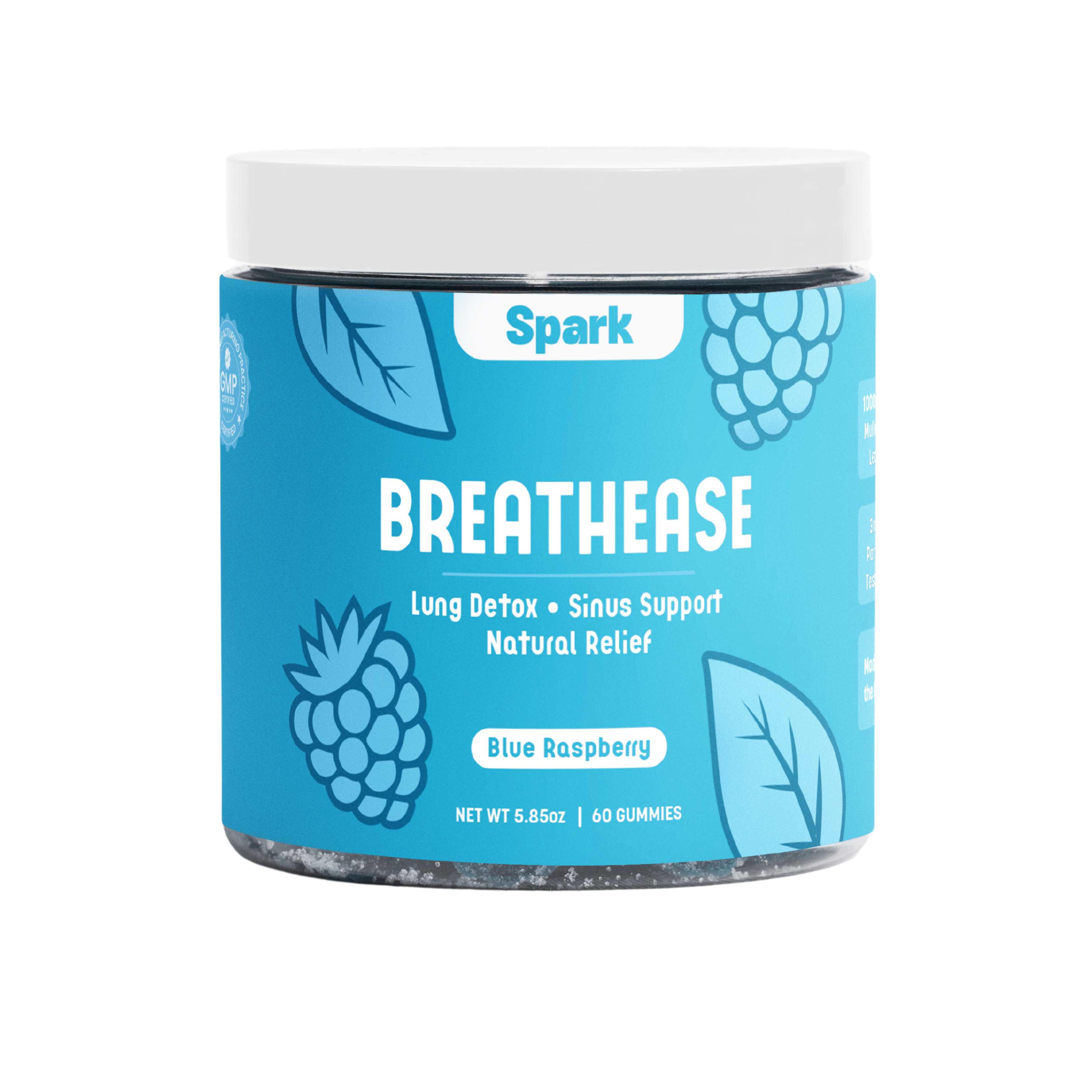 A container of BreathEase lung detox gummies with blue raspberry flavor. The label is predominantly blue with illustrations of raspberries and leaves
