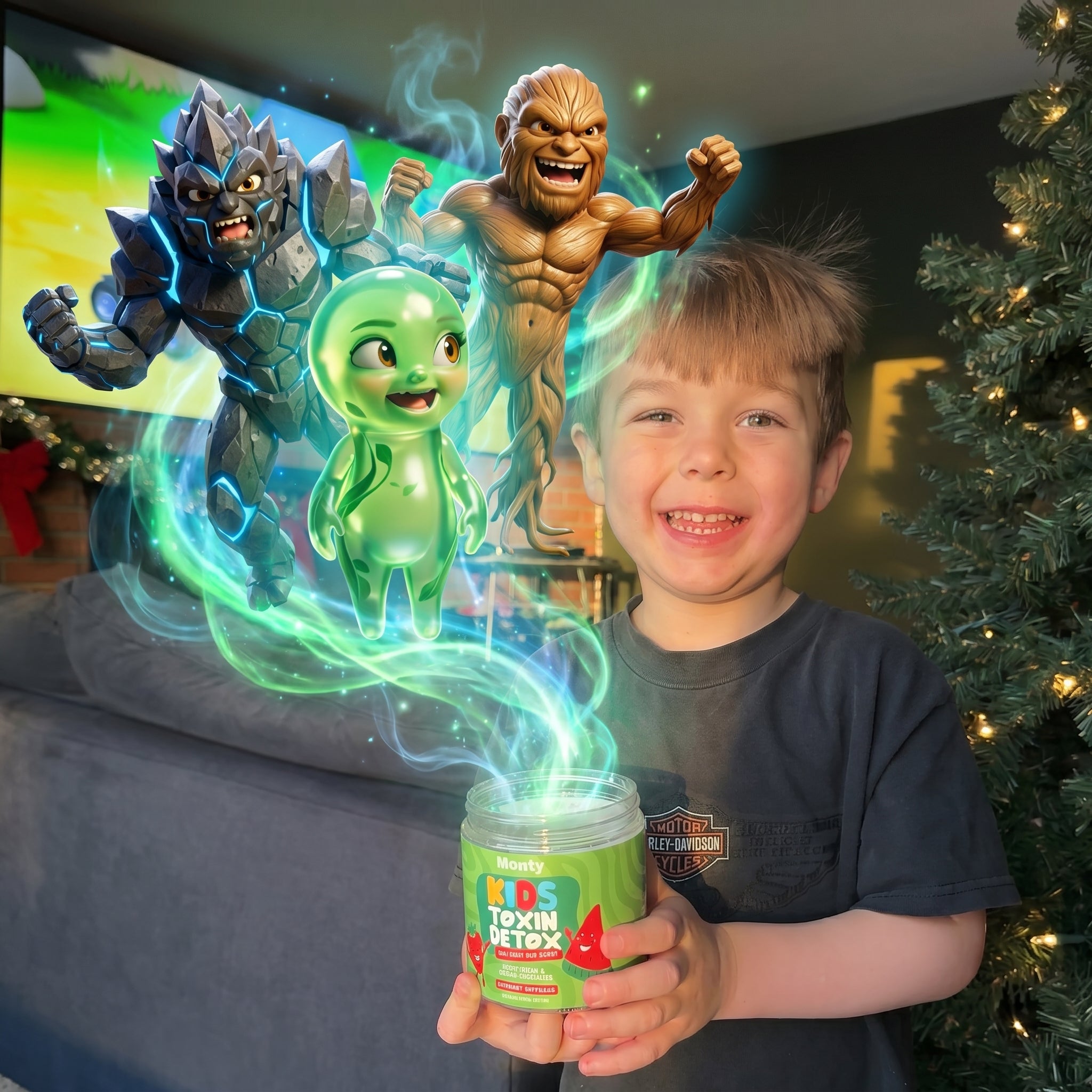 Boy holding Kids Toxin Detox jar with three ingredient characters emerging