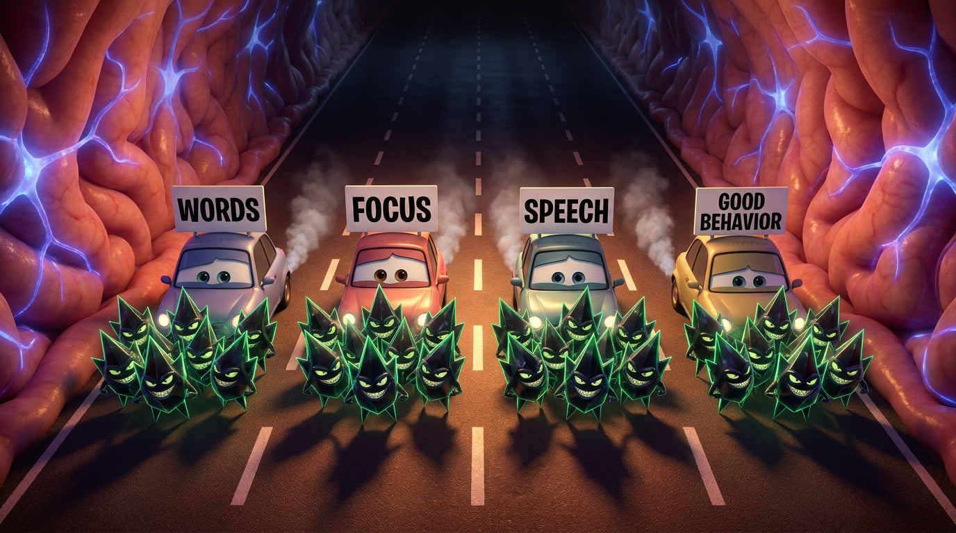 Blocked brain highway with cars labeled words, focus, speech, and good behavior stopped by microplastic obstacles