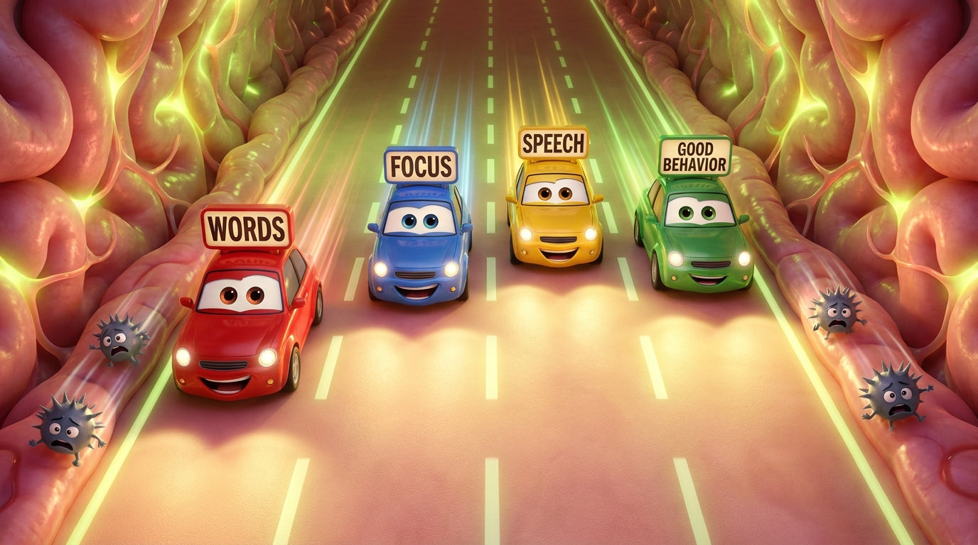 Clear brain highway with cars labeled words, focus, speech, and good behavior moving freely